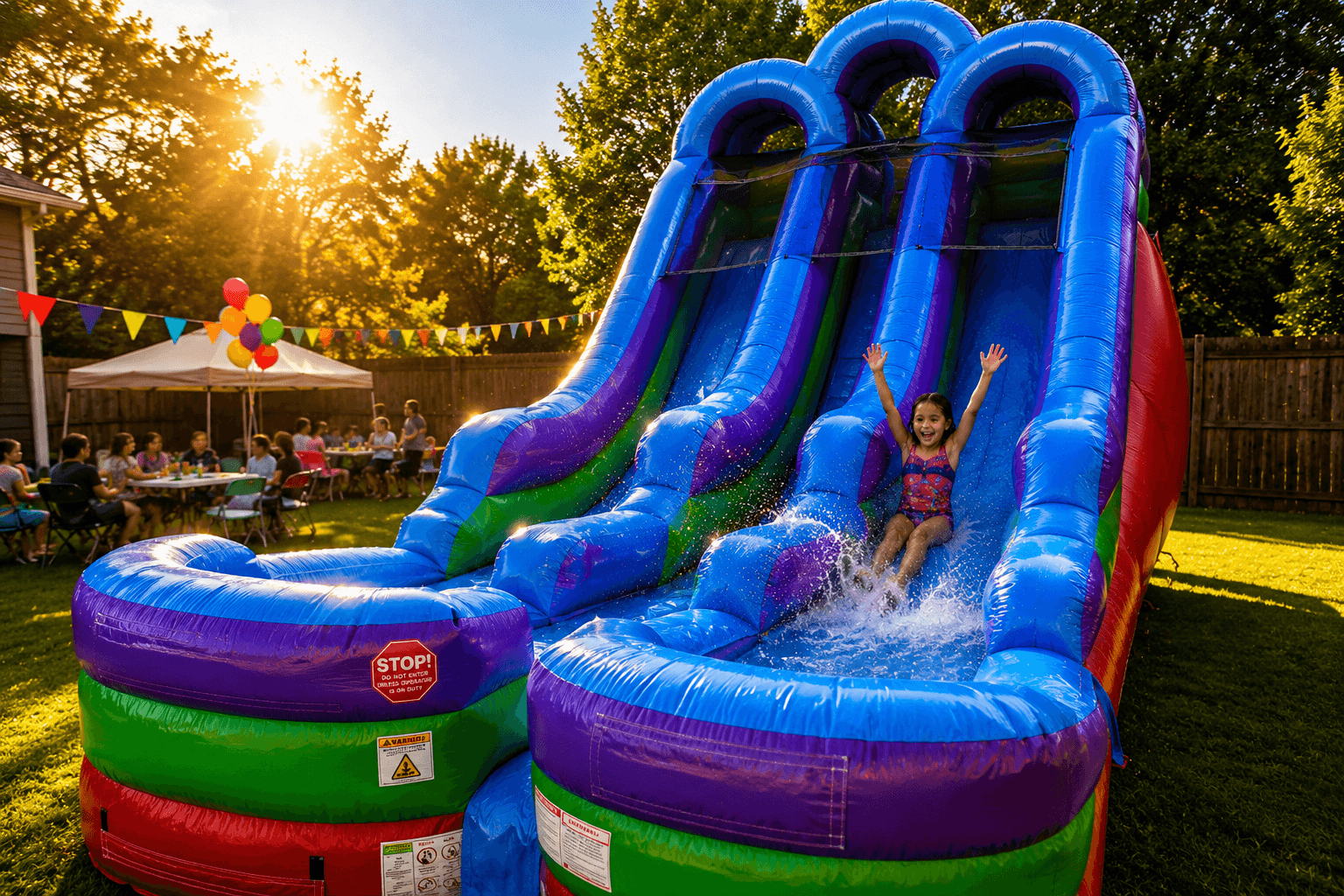 A child laughing as they race down a Lavish water slide at a backyard party